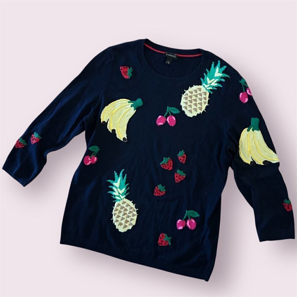 Talbots Women's Navy Blue Embroidered Fruit Knit Pullover Sweater Size Small - Picture 2 of 12